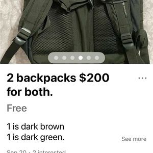 1 is Dark Green 1 is Gold. Both are  backpacks made for hiking or everyday use.